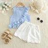 Korean Version Fashion 2-6Y Baby Girls Set Summer New Casual Round Neck Plaid Ruffle Tank Top+Shorts 2 Pcs Children Clothes