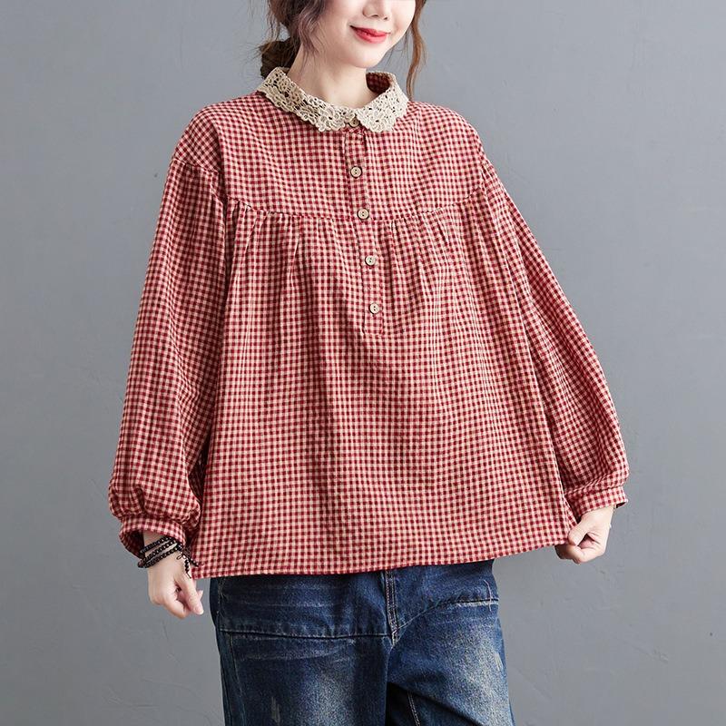 Plus Size Women Plaid Long Sleeve Turn Down Collar Casual Daily Blouse