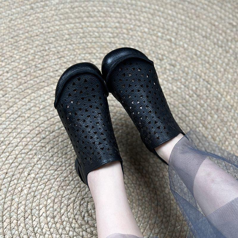 Summer 2025 New Fashion Chunky Heel, Round Head, Back Zipper, Ethnic Style, Hollowed-out Chunky Heel Low-top Sandals for Women