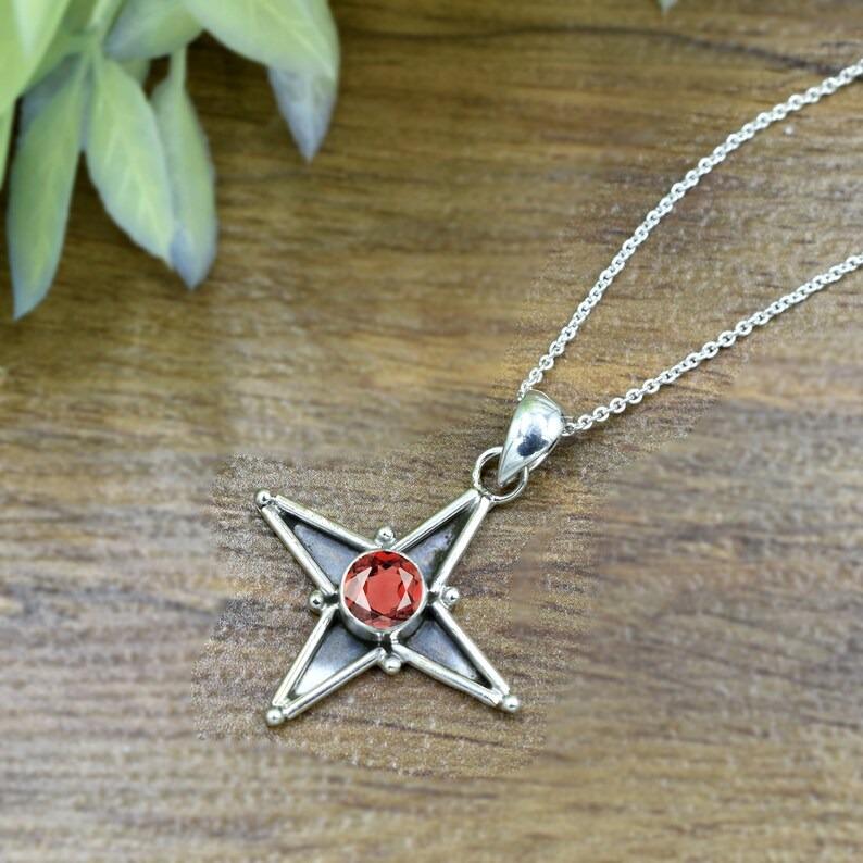 925 Silber Halskette, Roter Granat Runder Edelstein Stern handgemachte Designer Einzigartige Geschenk Halskette, Hochzeit Verlobungsgeschenk, Partywear Halskette