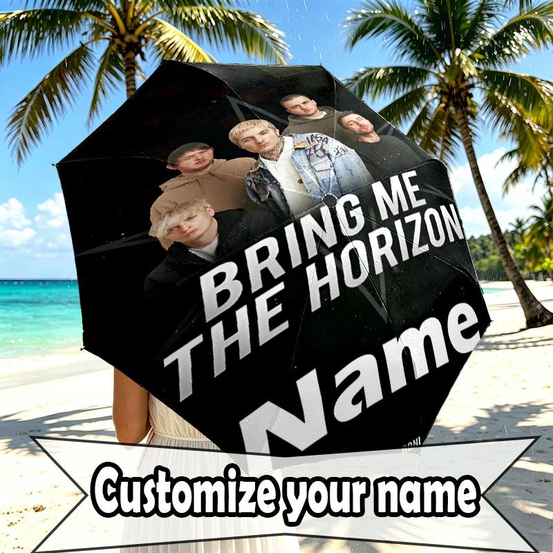 Custom Name Personalized Bring Me the Horizon Print Umbrella, Auto Open Close, 8‑Rib Sturdy Frame, Commute Camping Hiking Use, Birthday Gift