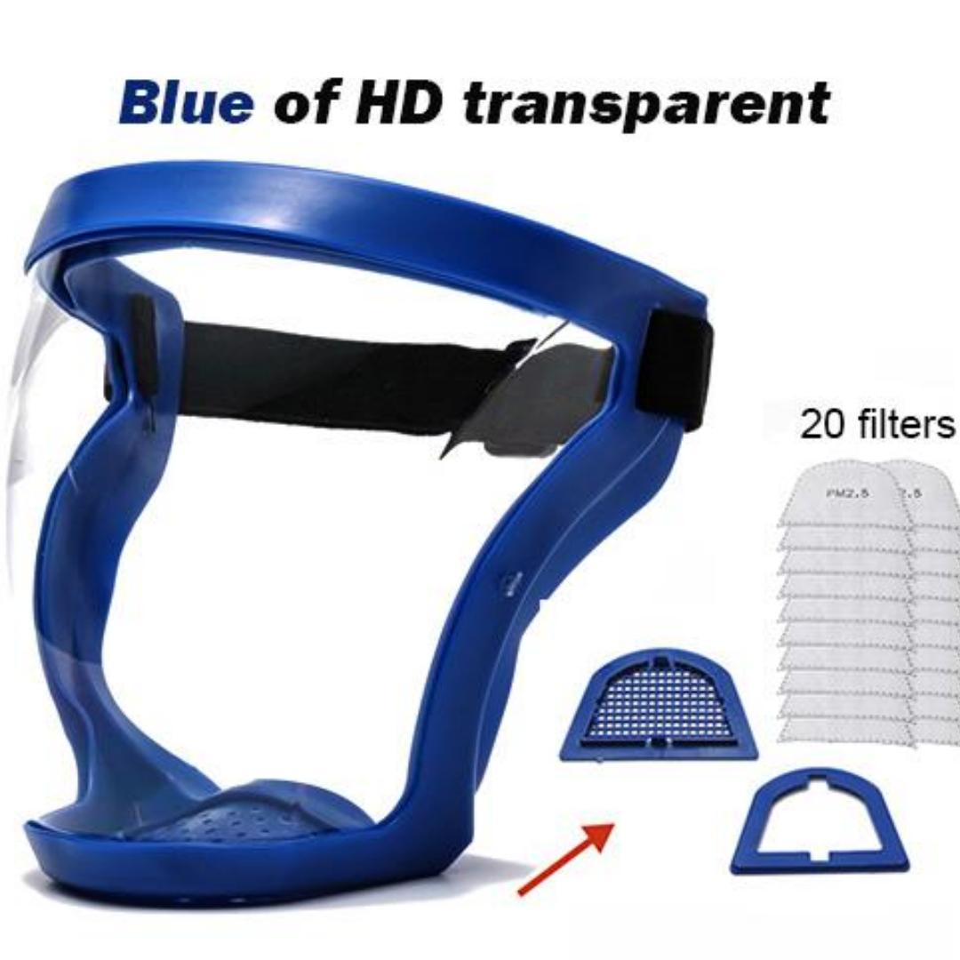 

Прозрачный полный лицевой щиток, многоразовая пылезащитная маска против запотевания, защитные очки HD, кухонная защита, маска против брызг с фильтрами with 20filters синий