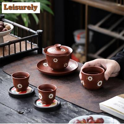 Chinesische Lila Ton Sancai Deckelschale Kleine Gänseblümchen Zisha Teeaufguss Tasse Verkostungs Teegeschirr 1 Kanne 3 Tassen Kung Fu Teeset Teezeremonie