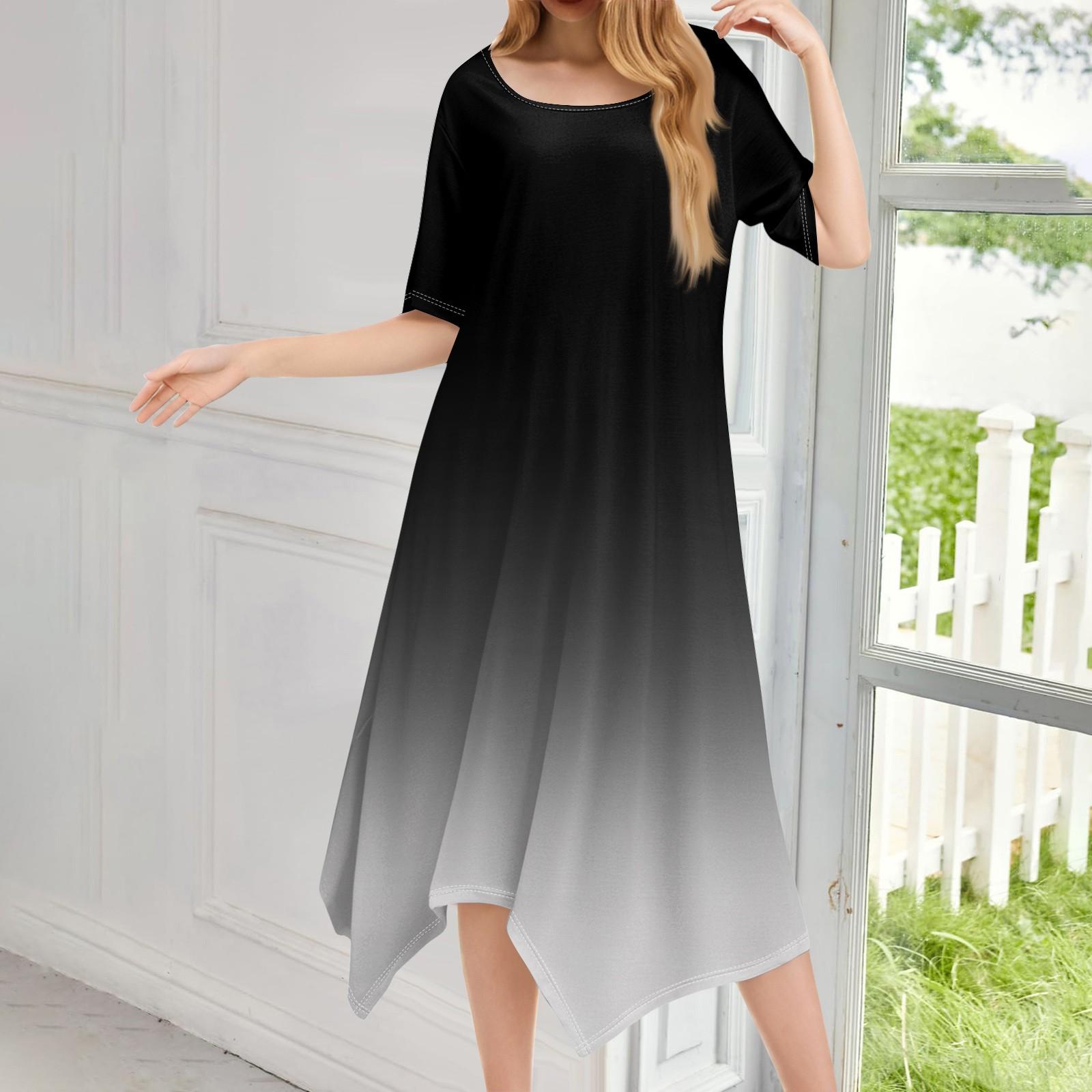 

Женское повседневное модное платье миди с круглым вырезом и коротким рукавом с принтом и неровным подолом S чёрный