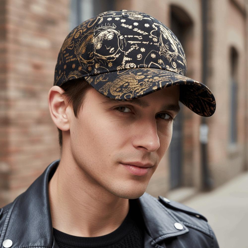 Golden Sketch Print Graffiti Baseball Cap Cotton Adjustable Baseball Hats Hip Hop Curved Brim Sunshade Hats For Man Women Unisex
