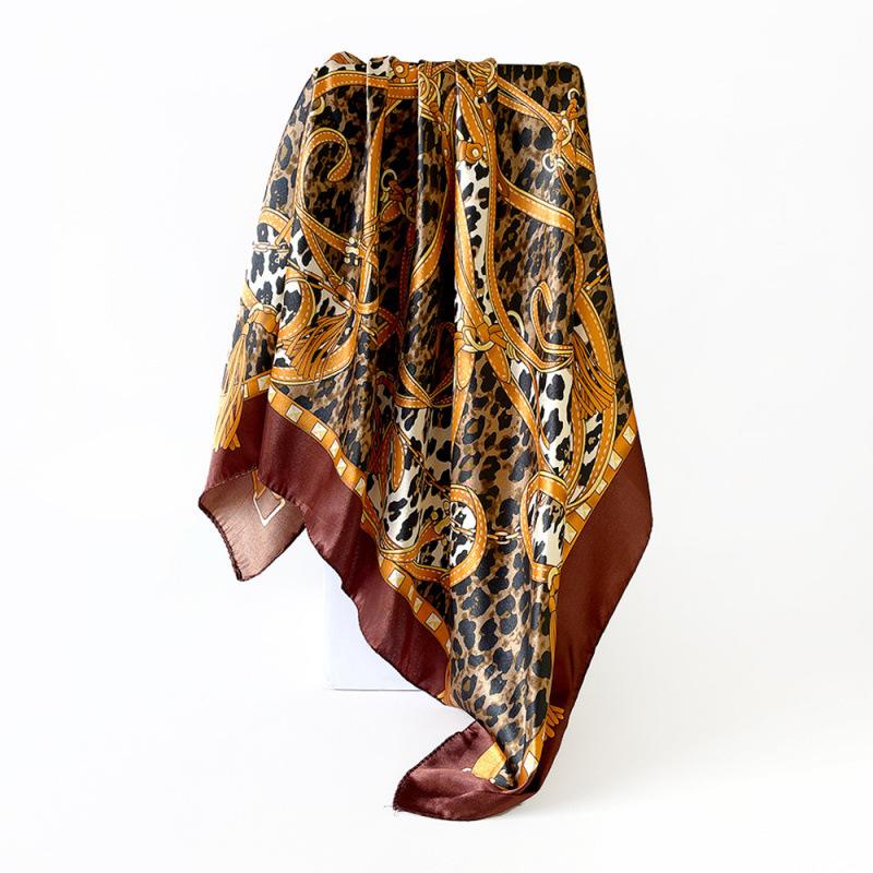 90cm Faux Silk Satin Square Scarf – Leopard Print Silk Scarf for Women, New Style Headscarf and Shawl