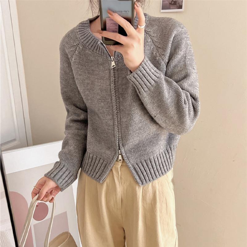 Dámský pletený svetr s kulatým výstřihem na zip Cardigan Short Coat