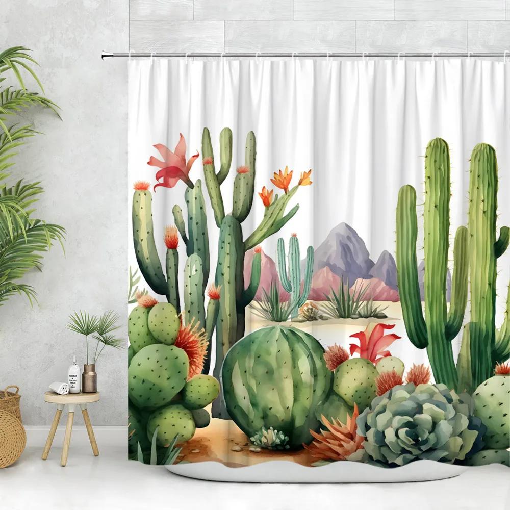 Cactus Shower Curtain Tropical Plant Greenery Moon Flower Desert Hummingbird Rustic Wood Panel Polyester Fabric Bathroom Decor
