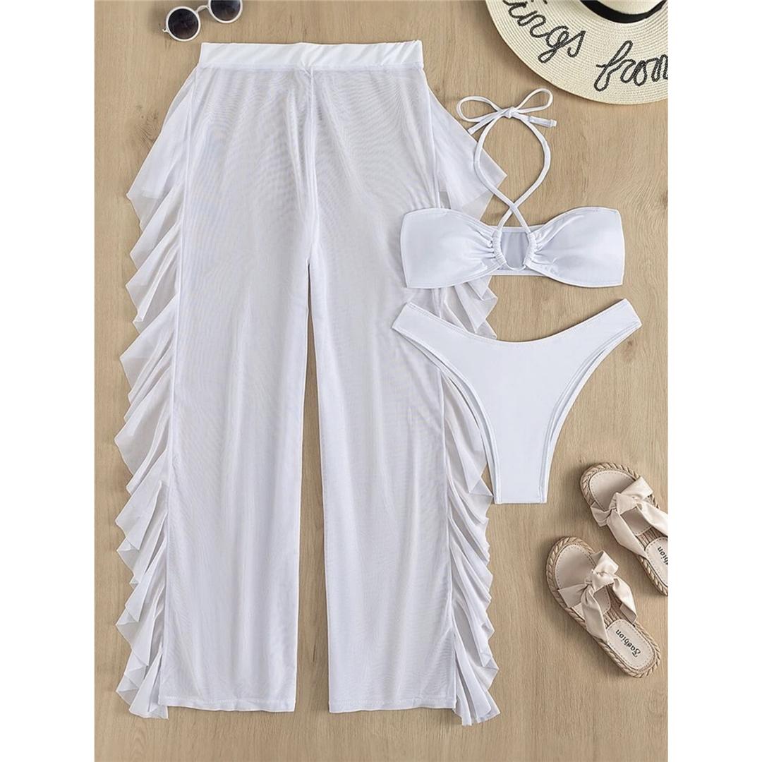 

Пляжные брюки с рюшами, бикини с лямкой на шее, женские купальники, женский купальник, комплект бикини из трех частей, купальный костюм для плавания L белый