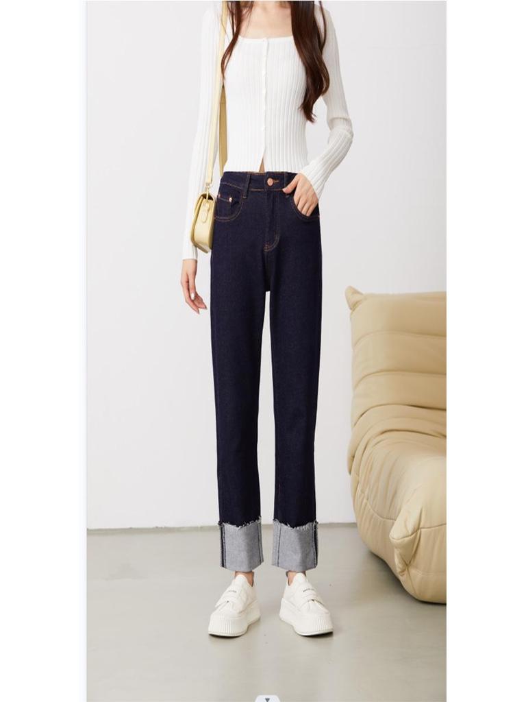Clearance: Women's Deep Blue High-Waisted Slim-Fit Straight Leg Jeans with Rolled Hem