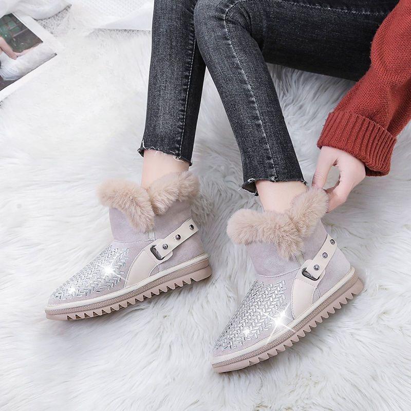 Fashion Winter Plush Rhinestone Round Toe Woman Shoes Trend 2025 Work Snow Boots for Women Designer Luxury On Promotion Y2k Goth Ankle