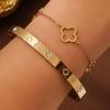 2Pcs Women's Lucky Clover & Heart Bracelet Set - Stainless Steel Base with Shiny Zircon Charms, Elegant Party Jewelry Perfect fo
