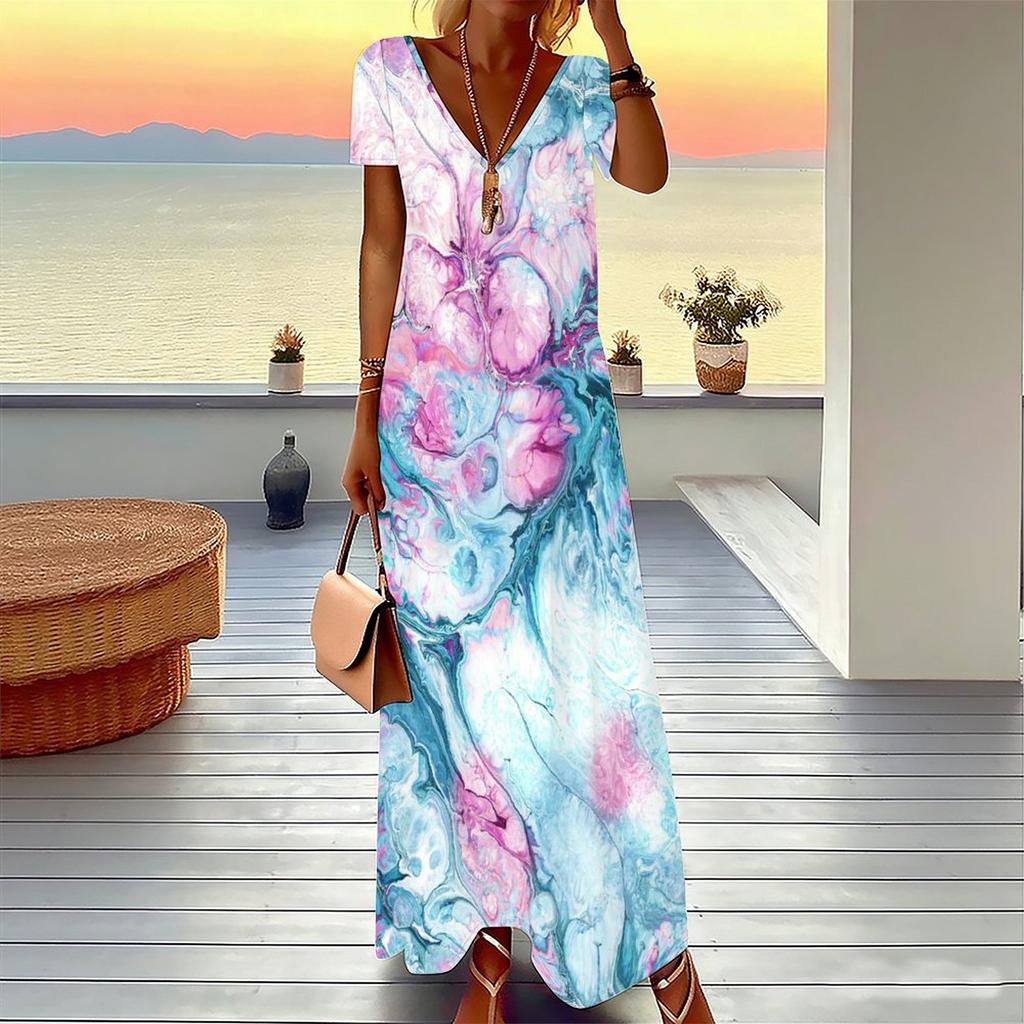 Women Plus Size V Neck Short Sleeve Maxi Dress Soft Tie Dye Print Loose Summer Beach Long Dress