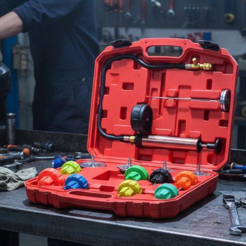 Universal Cooling System Test and Refill Tool Air Pocket Removal for Garage