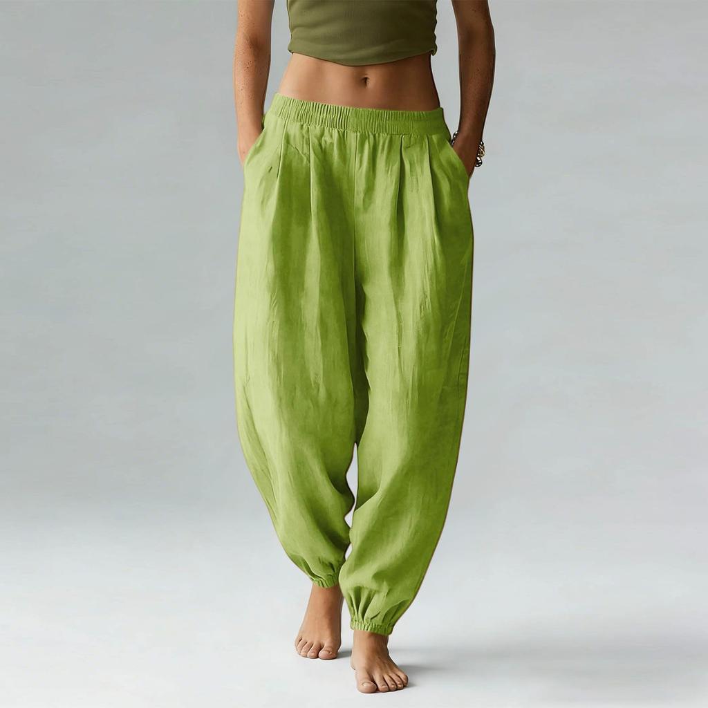 Women's Cotton Linen Pants Casual Elastic Waist Color Jogger Pants Comfy Beach Vacation Trousers With Pockets