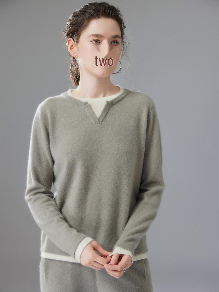 Autumn 2025 Sweet Style Color Block Cashmere Sweater - Loose Fit, Slimming, Short & Warm, Fake Two-Piece Design