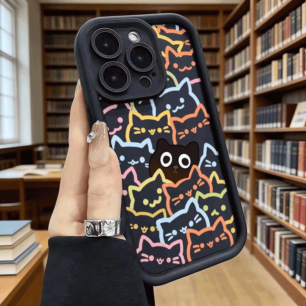 Colorful Cat Pattern with Black Cat Soft TPU Phone Case for iPhone 17 16 15 14 13 12 11 Pro Max Plus Shockproof Anti-Slip Cover