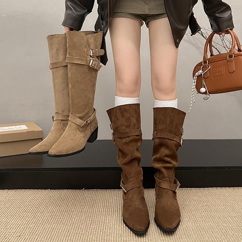 Pointed Boots Children Thick Heel Thin Pleated Piled Boots Women's 2025 Spring and Autumn Khaki Suede But Knee Boots