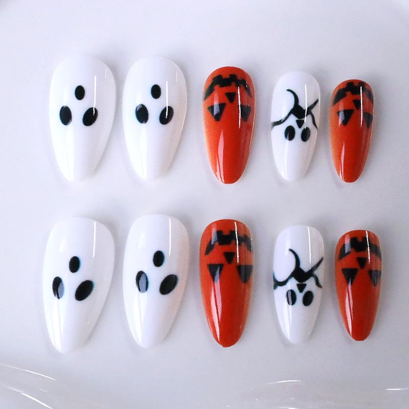 Hot-selling Manicure Halloween Cute Orange Pumpkin White Ghost Long Almond Wearing Nail Piece
