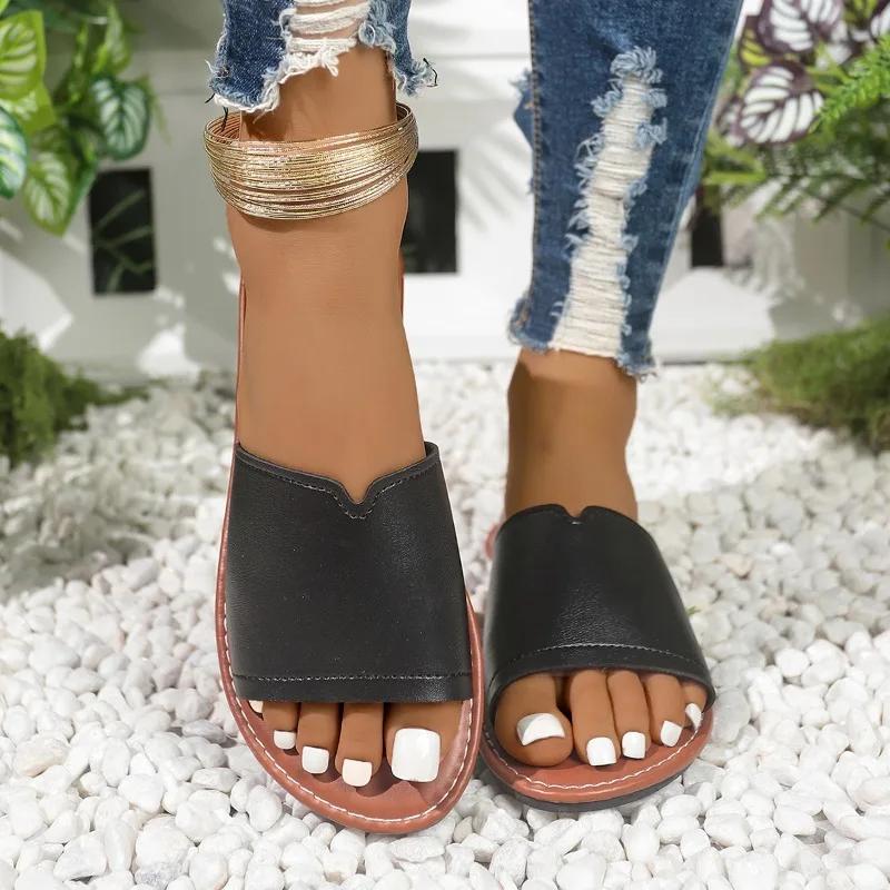 

Мода 2025 Лето Базовые женские тапочки Модные уличные повседневные тапочки Женские Новые С открытым носком Большой размер Лаконичные плоские тапочки Zapatos 36 чёрный