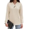 Solid Color V Neck Button Decor Loose Long Sleeve Casual T Shirt Top