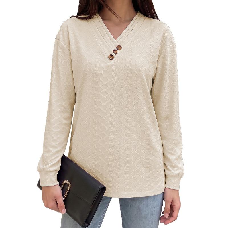Solid Color V Neck Button Decor Loose Long Sleeve Casual T Shirt Top
