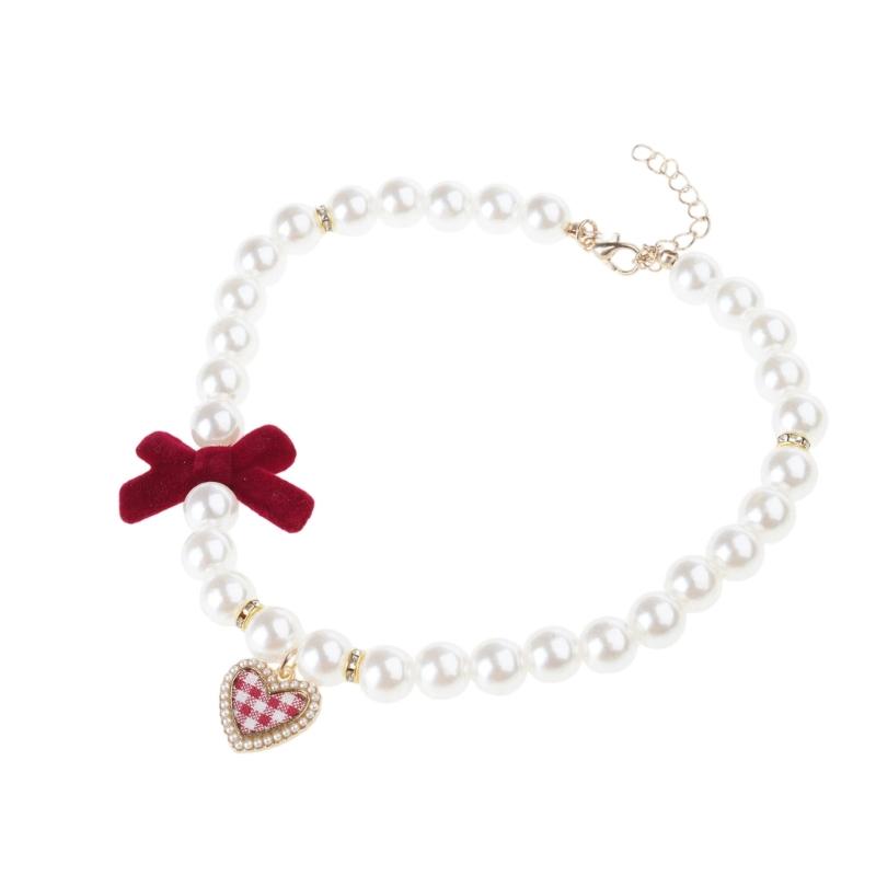 Dog Cats Pearls Necklace Handmade Pet Long Elegant Bowknot Pattern Necklace for Everyday Wear and Pet Gatherings