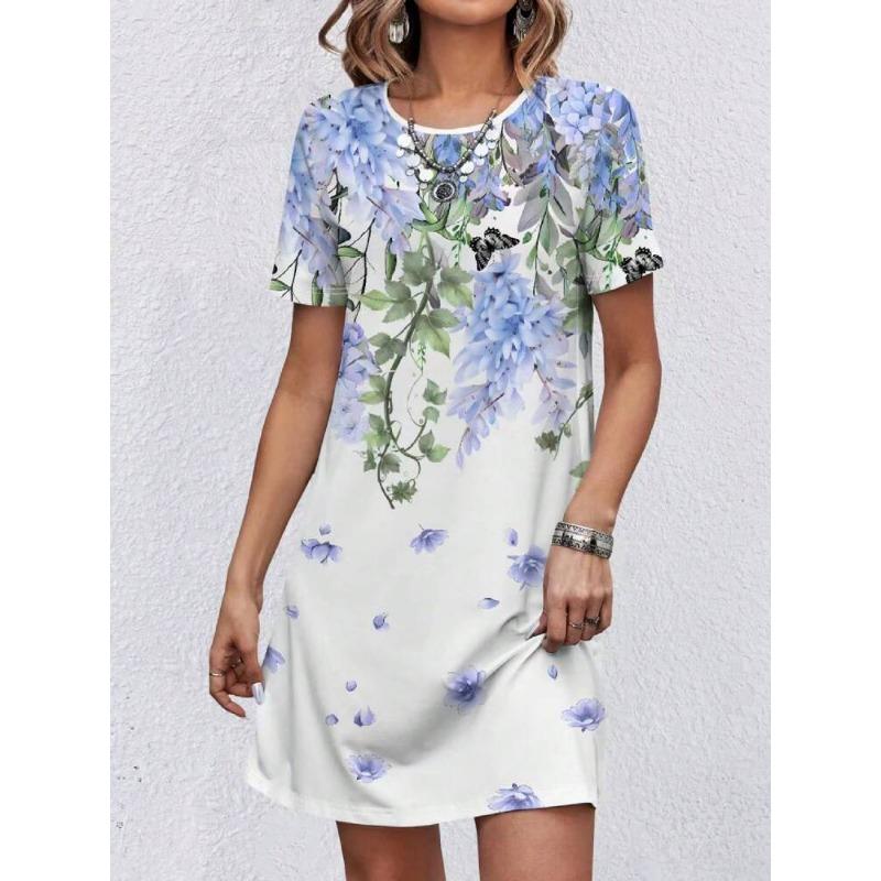 

Летнее женское платье-футболка больших размеров, повседневные свободные платья средней длины с круглым вырезом 2XL белый/синий