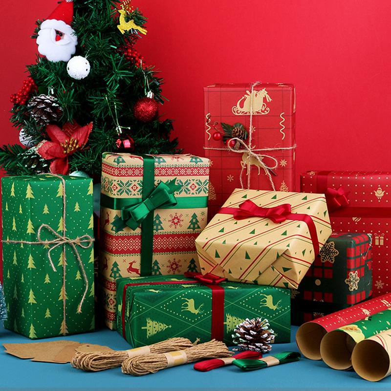 8 Pcs Red Green Xmas Tree Deer Wrapping Paper Sheets Roll Packaging for Holiday Gift Wrap Vintage Craft Paper Decor Gifts