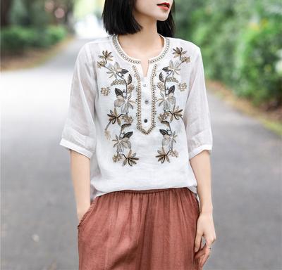 Kadın Moda Nakış Eklenmiş Düz Renk V Yaka Gömlek Yaz Kadın Giyim Vintage Gevşek Rahat Yarım Kollu Bluz