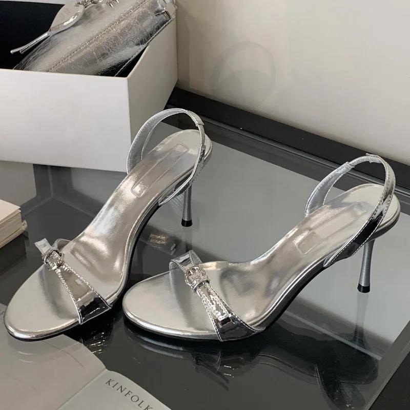 

Aneikeh Summer Elegant Fashion Open Toe Sandals Women Thin Low Heel Gladiator Narrow Band Party Shoes Zapatos De Mujer 40 срібний