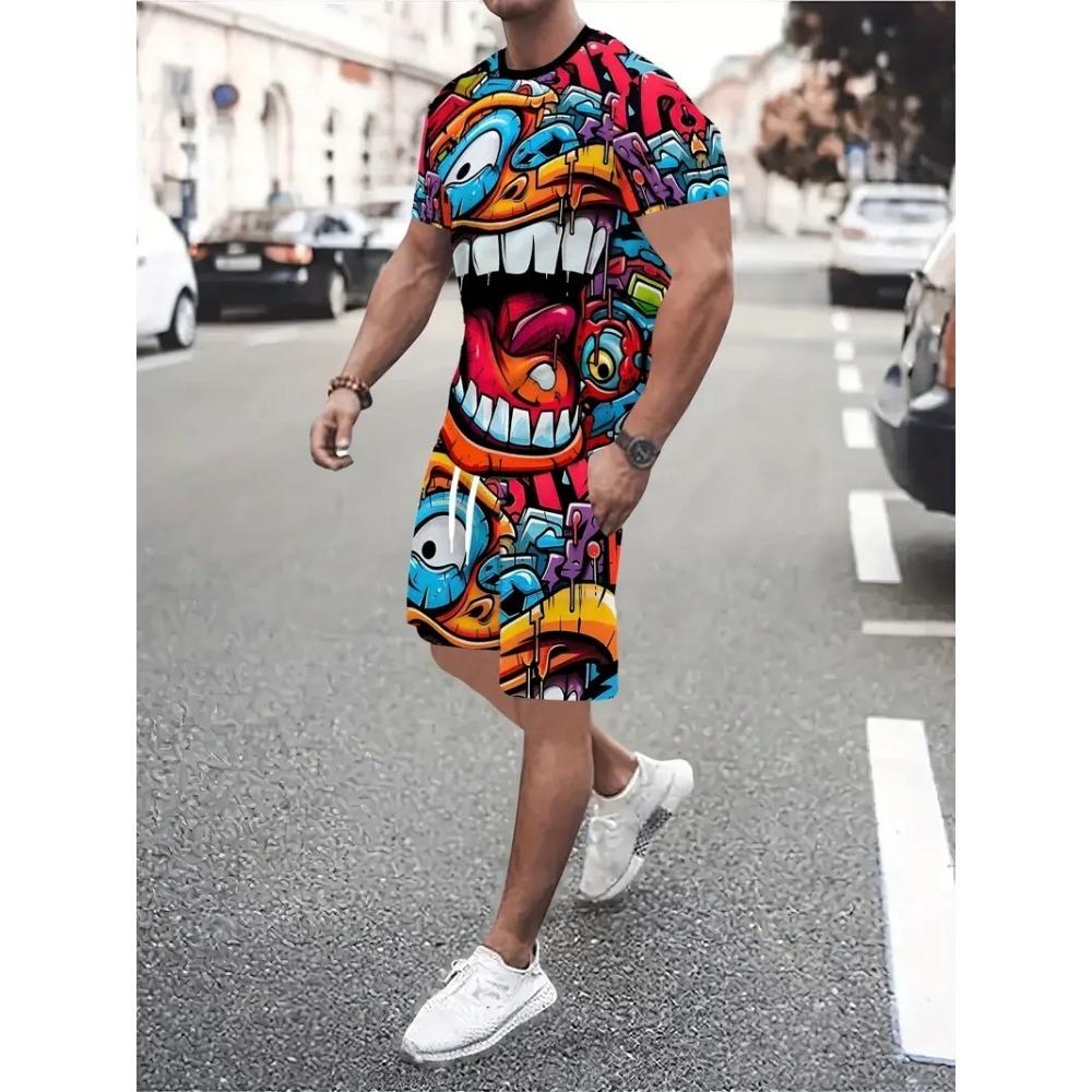 Summer Men Hip Hop Style Printed Men's Crew Neck T-shirt Shorts Set  Fashionable Cartoon Print Street Casual Everything