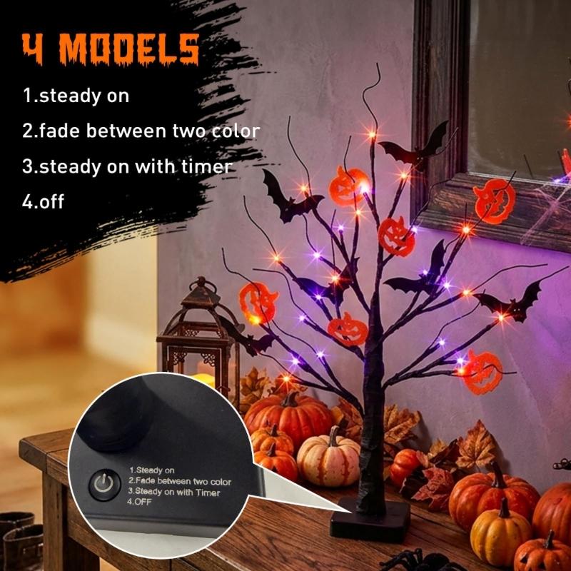 Halloween Tree with Light Home Decors Halloween Table Display Decoration, Lighted Black Tree with Bat Forms and Pumpkin Figures for Indoor Seasonal
