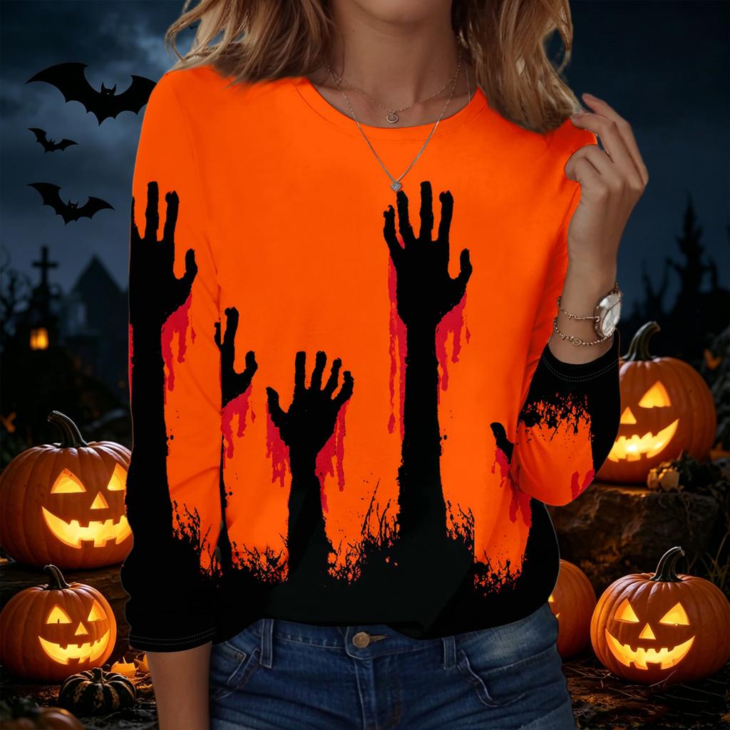 Women's Halloween Print Pullover Sweatshirt Long Sleeve Crew Neck Casual Top Lightweight Soft Fabric Comfortable Fit