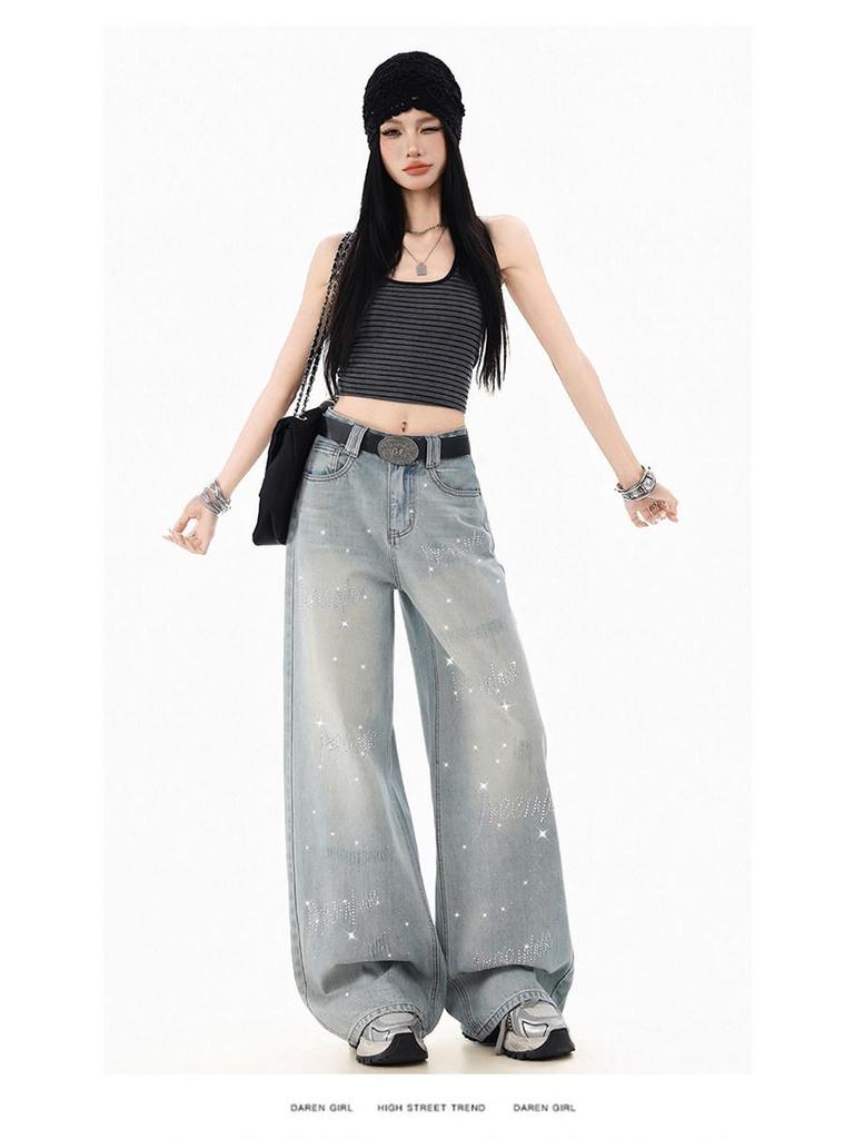 Women's Rhinestone Star Wide Leg Jeans - 2026 Spring/Autumn, Loose & Flattering Floor-Length Pants