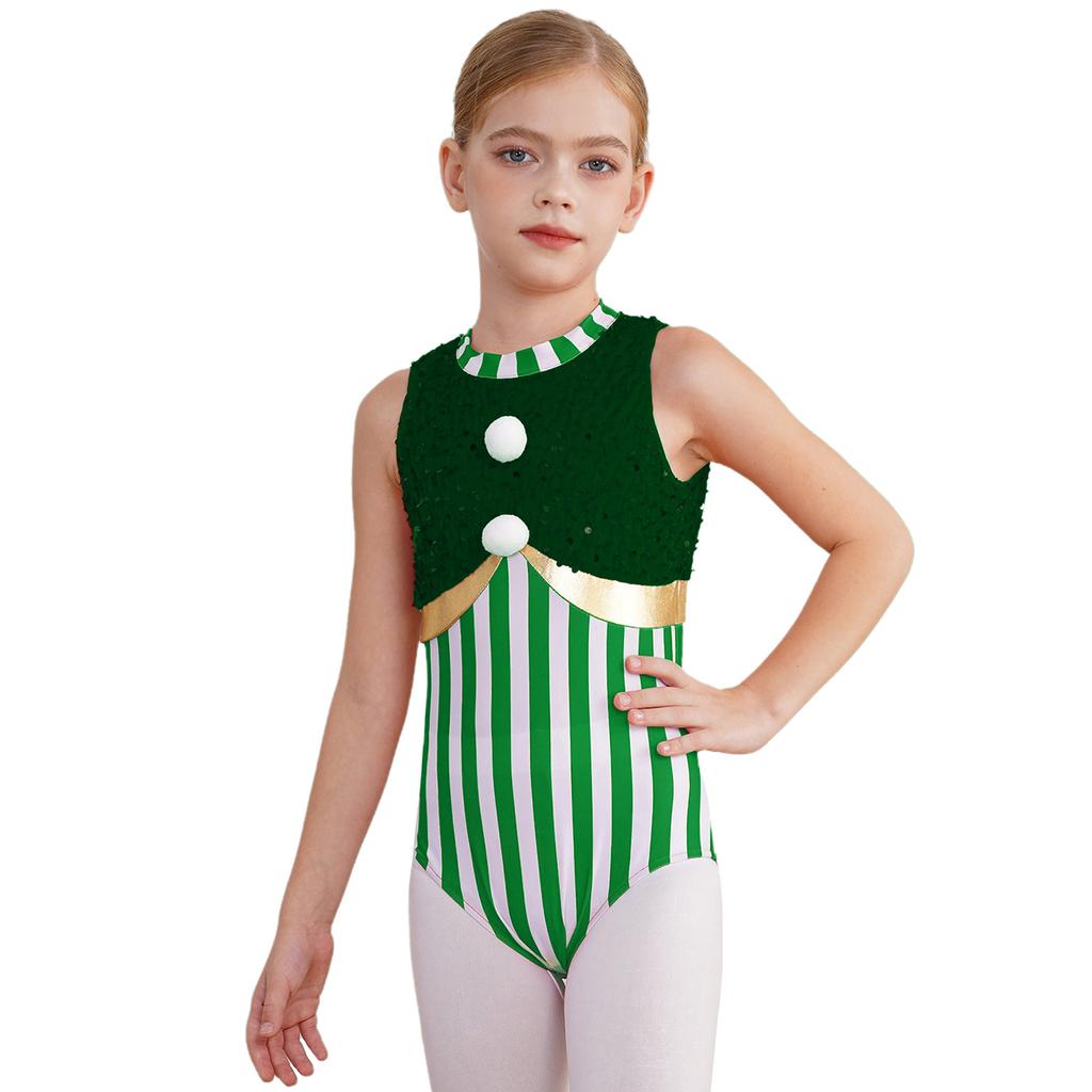 Girls Candy Cane Costume Sleeveless Stripes Sequins Bodysuit Figure Skating Jumpsuit Christmas Party Outfit