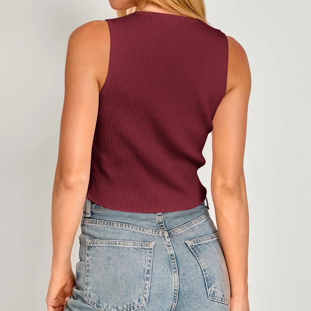 Top Chaleco Casual de Moda para Mujer sin Mangas con Decoración de Lazo Hueco Cuello Redondo Ajustado