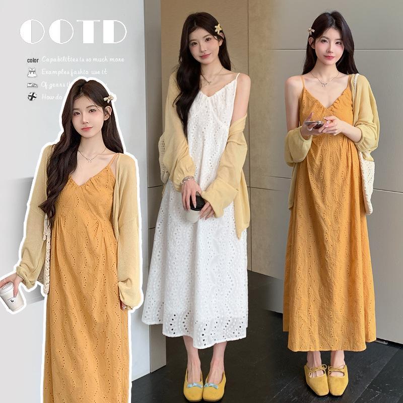 Maternity V-Neck Hollow-Out Camisole Dress & Cardigan Set - Spring Sweet Two-Piece for Women Medium
