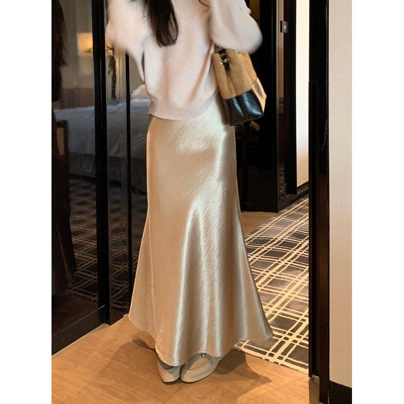 Kumikumi High-Grade Solid Elegant Satin Versatile Skirt Women's Autumn High Waist Slimming Fishtail Skirt Long Dress