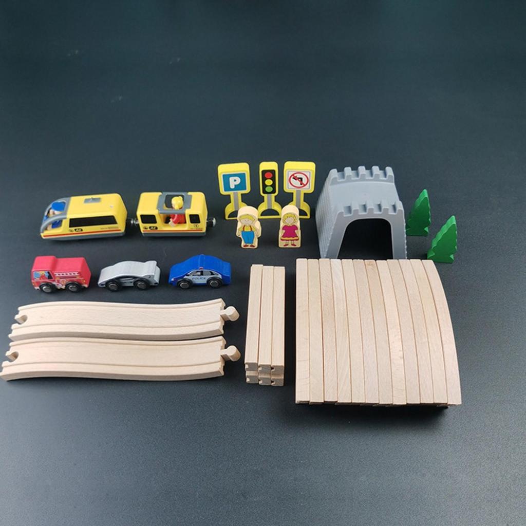 Wooden Train Set Interactive Beech Wood Railway Track Toy with Bridge Safe