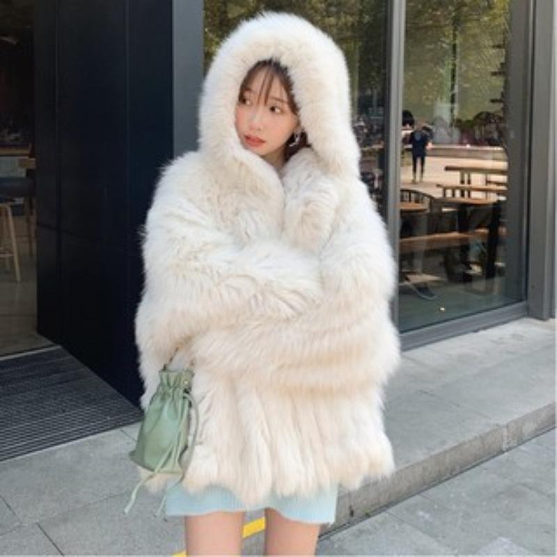 2 winter new imitation car strips imitation fox hair woven coat hooded bat imitation fur coat