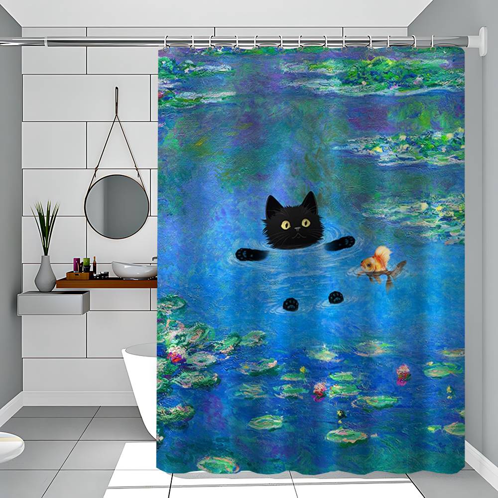 Claude Monet Artworks Interesting Cute Black Cat Simple Shower Curtain Bathroom Shower Curtain Easy To Clean Scrub Polyester