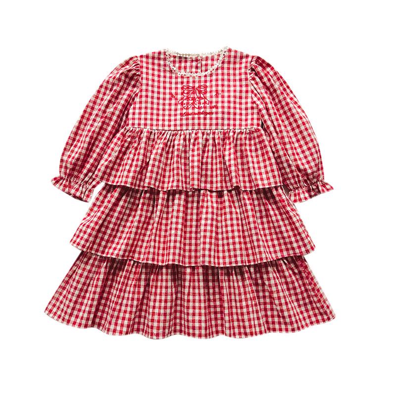 2026 Autumn Korean Children's Strawberry Embroidered Dress - Sweet Girl's Round Neck Lace Plaid Cake Skirt