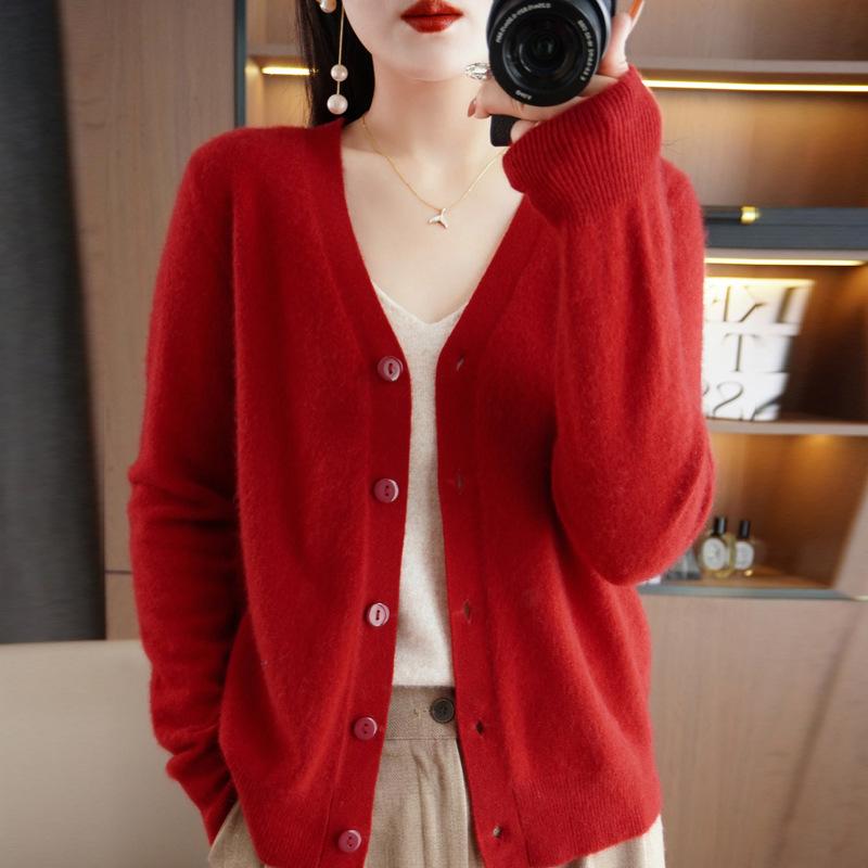 

Осенний свитер с V-образным вырезом, кардиган, свободный свитер, вязаный кардиган, женский однотонный короткий параграф, верхняя одежда XXL красный