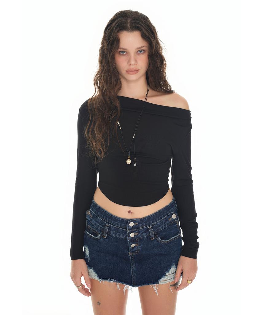 TOOMUCHTAX One Shoulder Long Sleeve Top Black