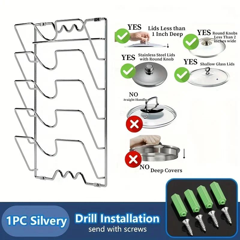 מתלה אחסון לקיר תליית סירים למטבח מתלה מכסה סיר חמש שכבות מתכת מתכת ללא חלודה רב תכליתי מתלה אחסון מכסה סירים