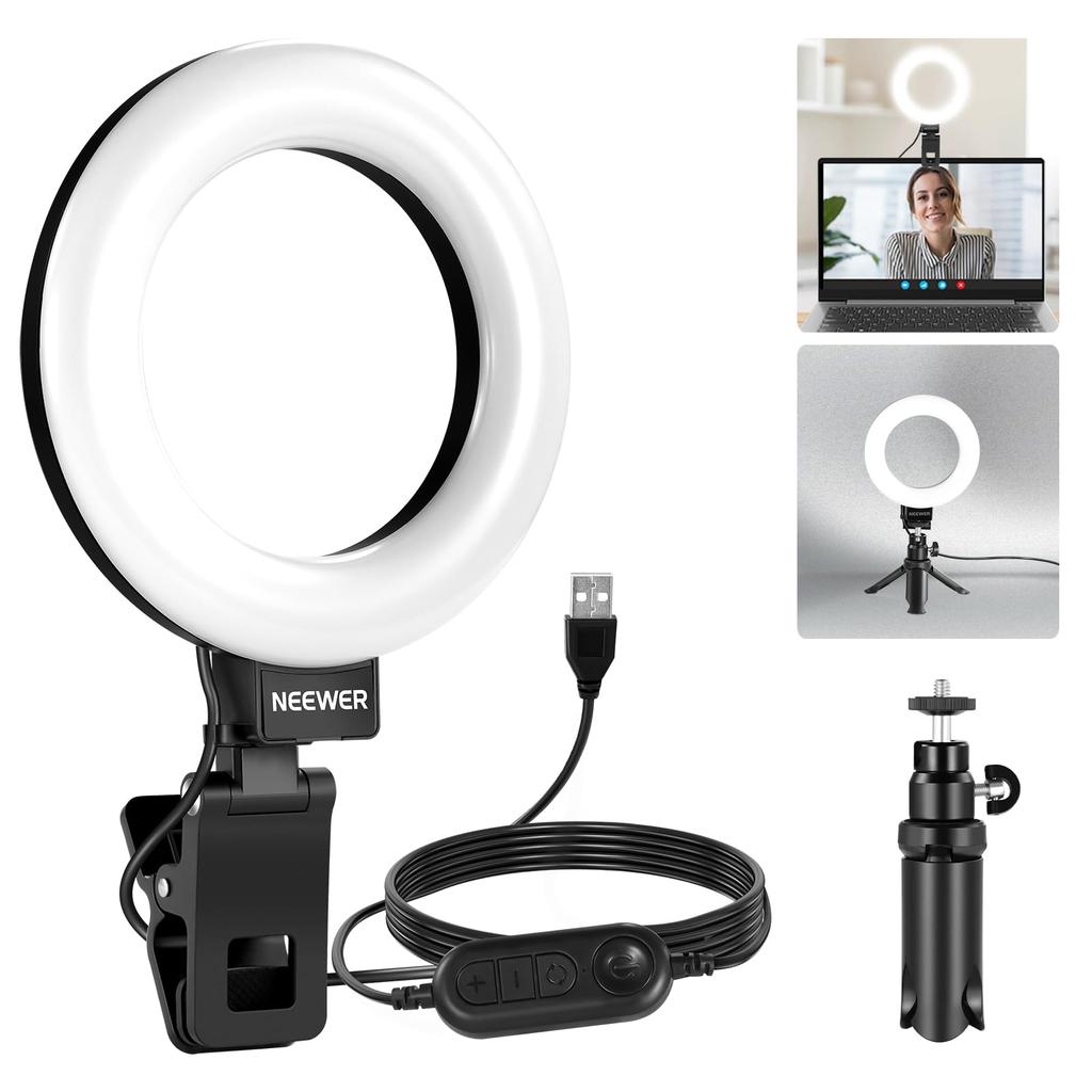 NEEWER Basic 5 Inch Ring Light with Clip and Tripod Dimmable 10W for Actress Light Makeup Light Selfie Light for Video from Call Lighting BR60 Clip-on