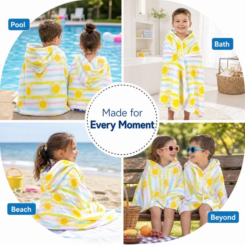 Kids Hooded Beach Towel With Sun Stripe Print Quick Dry Microfiber Cover-Up Swimming Pool Vacation