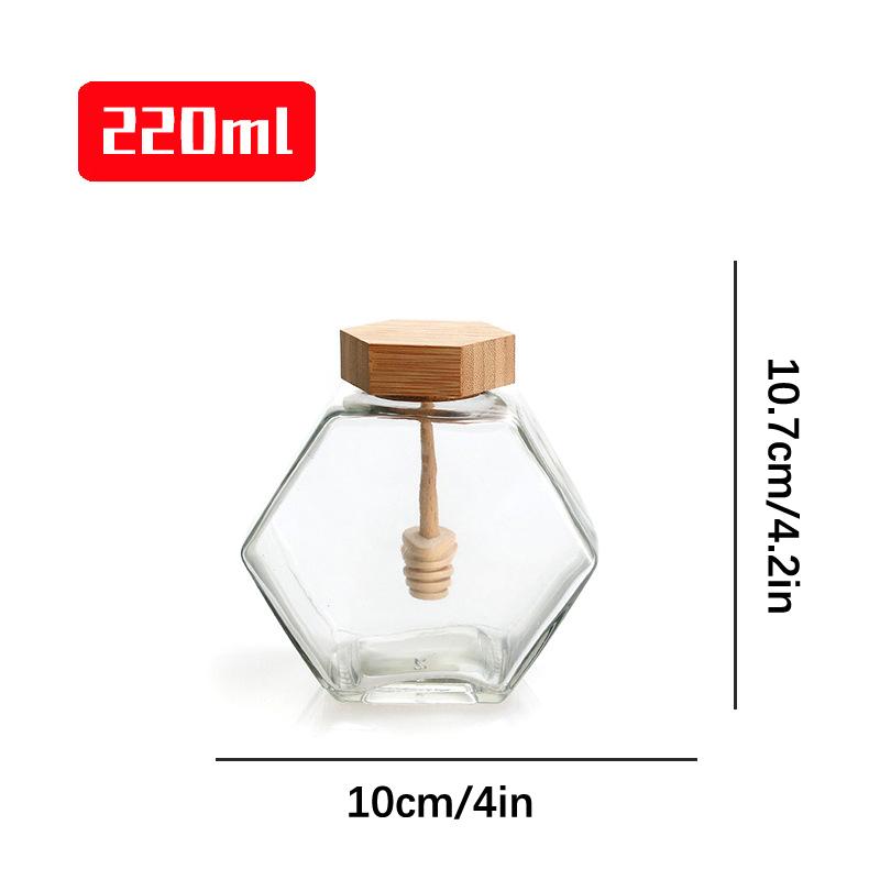 Шестигранная стеклянная бутылка для меда с деревянным горшком для меда, палочкой для перемешивания, герметичная прозрачная банка для варенья, для хранения на кухне и дома, 100 мл/220 мл/380 мл