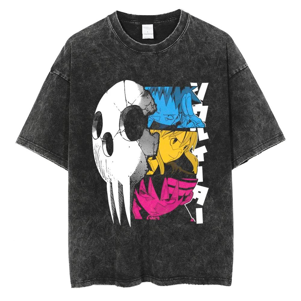 T-shirt Manga Soul Eater Stampa Death The Kid T-shirt Lavata Vintage Streetwear Abbigliamento Uomo Donna Maglietta in Cotone Oversize
